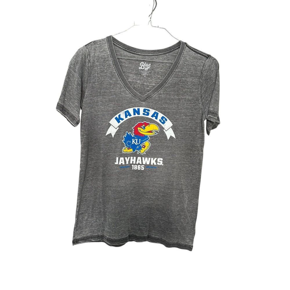 Blue 84 Kansas Jayhawks Women Medium Gray V-Neck Cotton Blend Graphic T-Shirt
